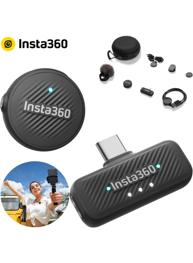 انستا 360 نظام ميكروفون لاسلكي Mic Air (جهاز إرسال واحد + جهاز استقبال واحد)، مزود بتقنية إلغاء الضوضاء، نطاق تغطية يصل إلى 300 متر، ميكروفون صغير، ميكروفون لافالير لاسلكي لأجهزة iPhone/Android/PC/Mac المزودة بمنفذ USB-C، مثالي لمدونات الفيديو والبث المباشر. - Image 1